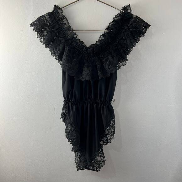 VTG Dolores For Poirette Black Sleep Bodysuit Lace Ruffle VNeck Pullover S Small - Picture 3 of 8